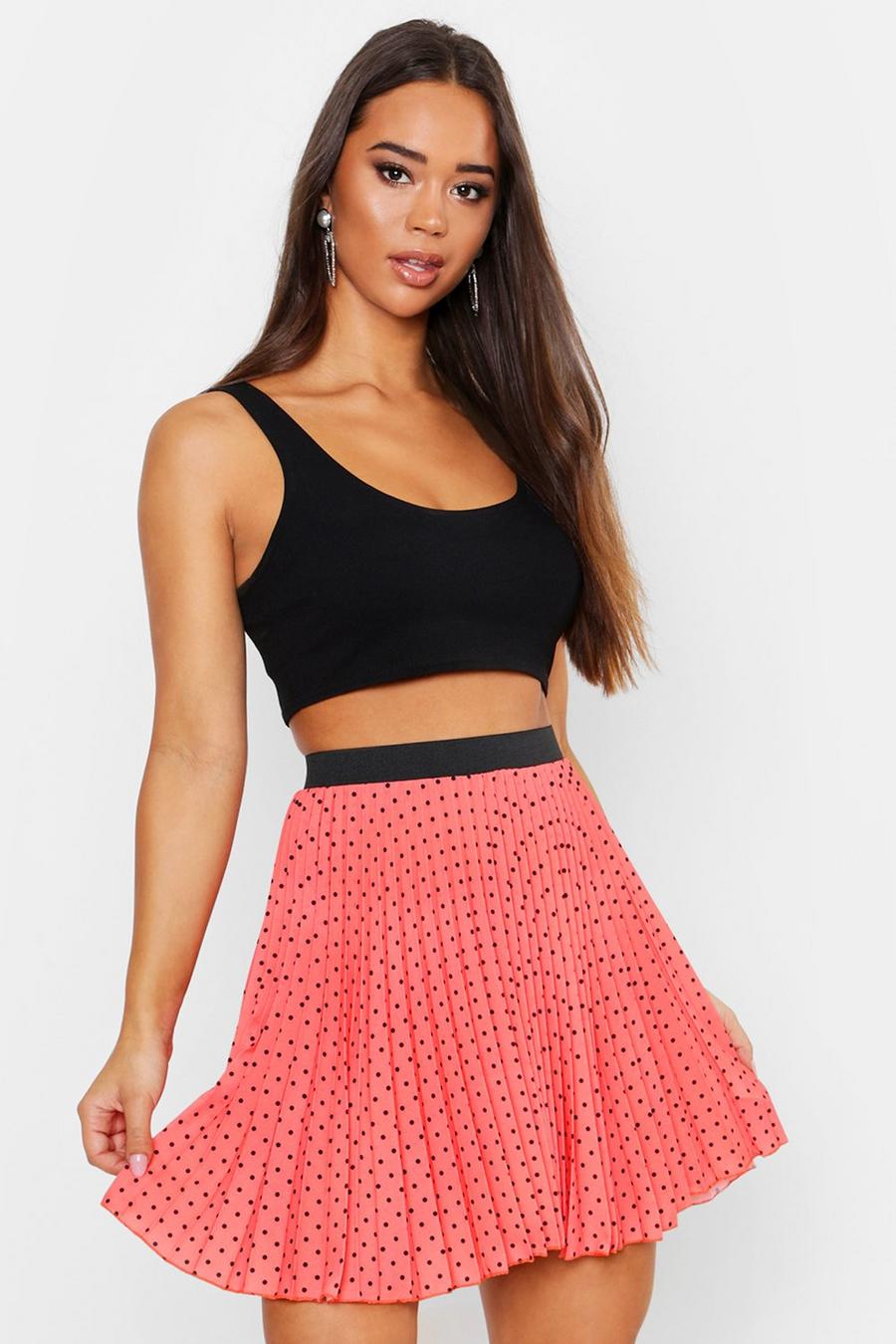 Coral pink Spot Elastic Waist Pleated Mini Skirt