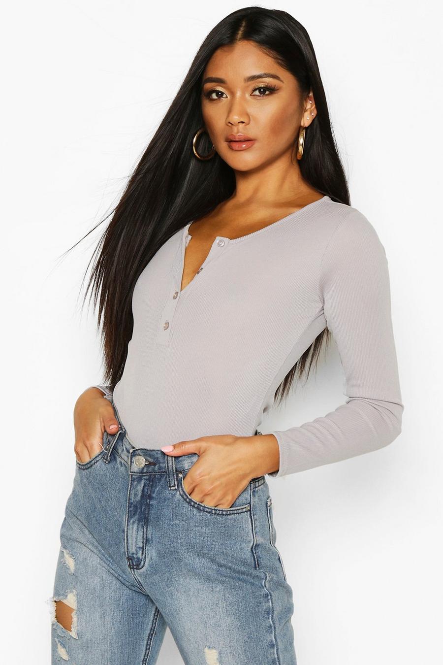 Grey Rib Knit Long Sleeve Button Bodysuit image number 1