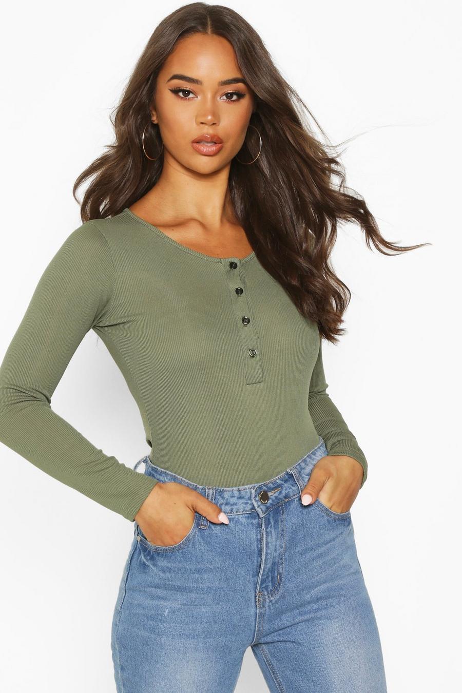 Olive Rib Knit Long Sleeve Button Bodysuit image number 1