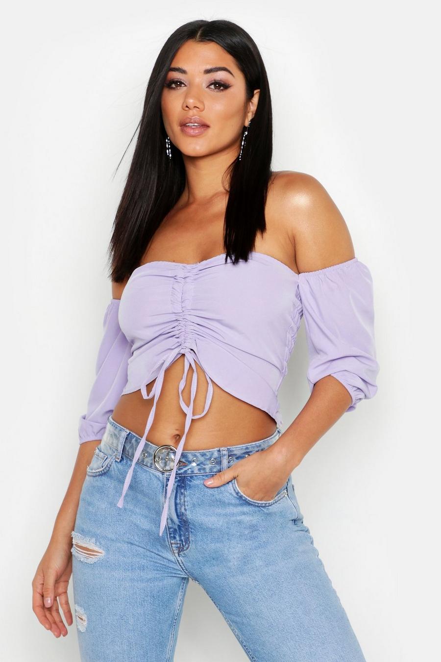 Lilac Woven Ruched Off Tie Shoulder Crop Top image number 1