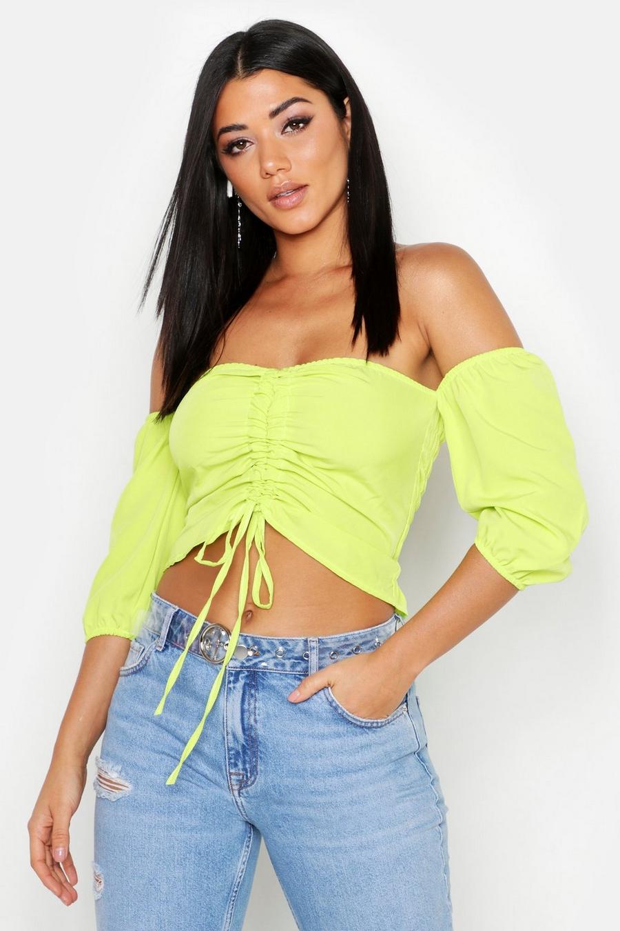 Lime Woven Ruched Off Tie Shoulder Crop Top image number 1