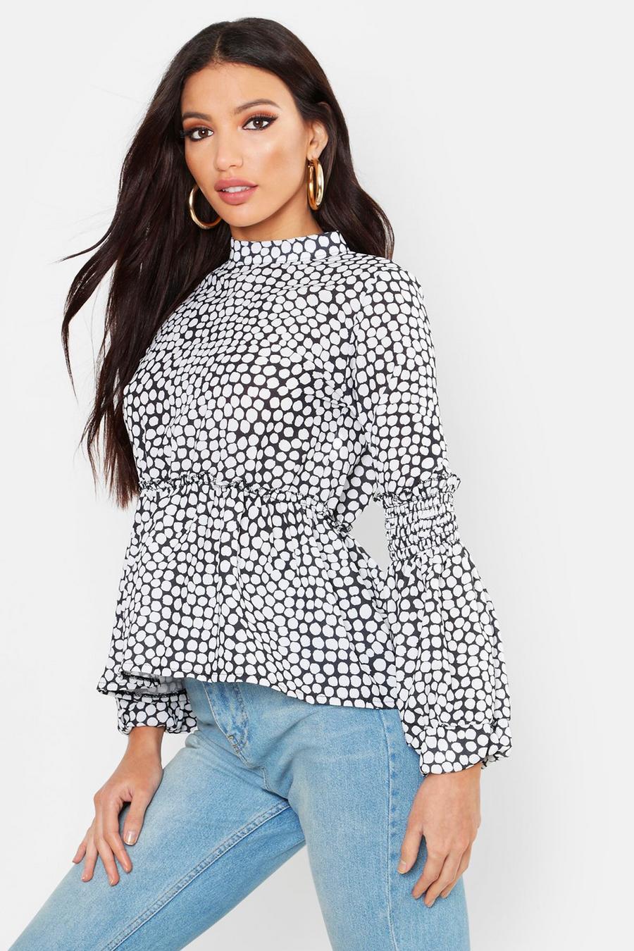 Leopard Spot Woven Shirred Balloon Sleeve Blouse image number 1