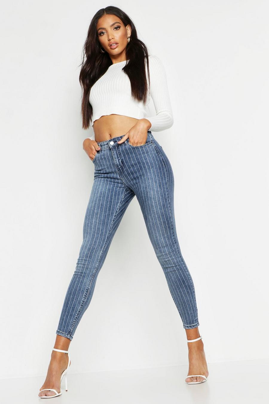 Dark blue All Sizes High Waisted Stripe Skinny Jeans image number 1
