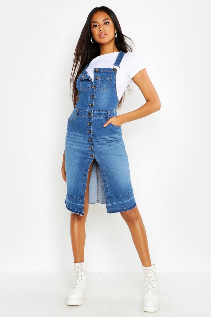 Mid blue Button Front Denim Midi Dungaree Dress image number 1