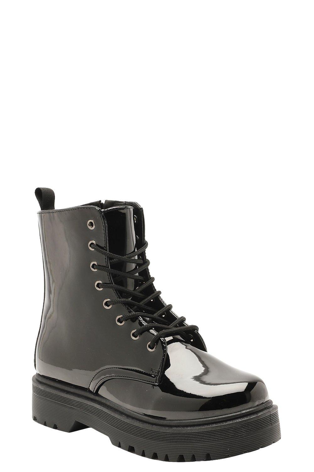 patent lace up boots