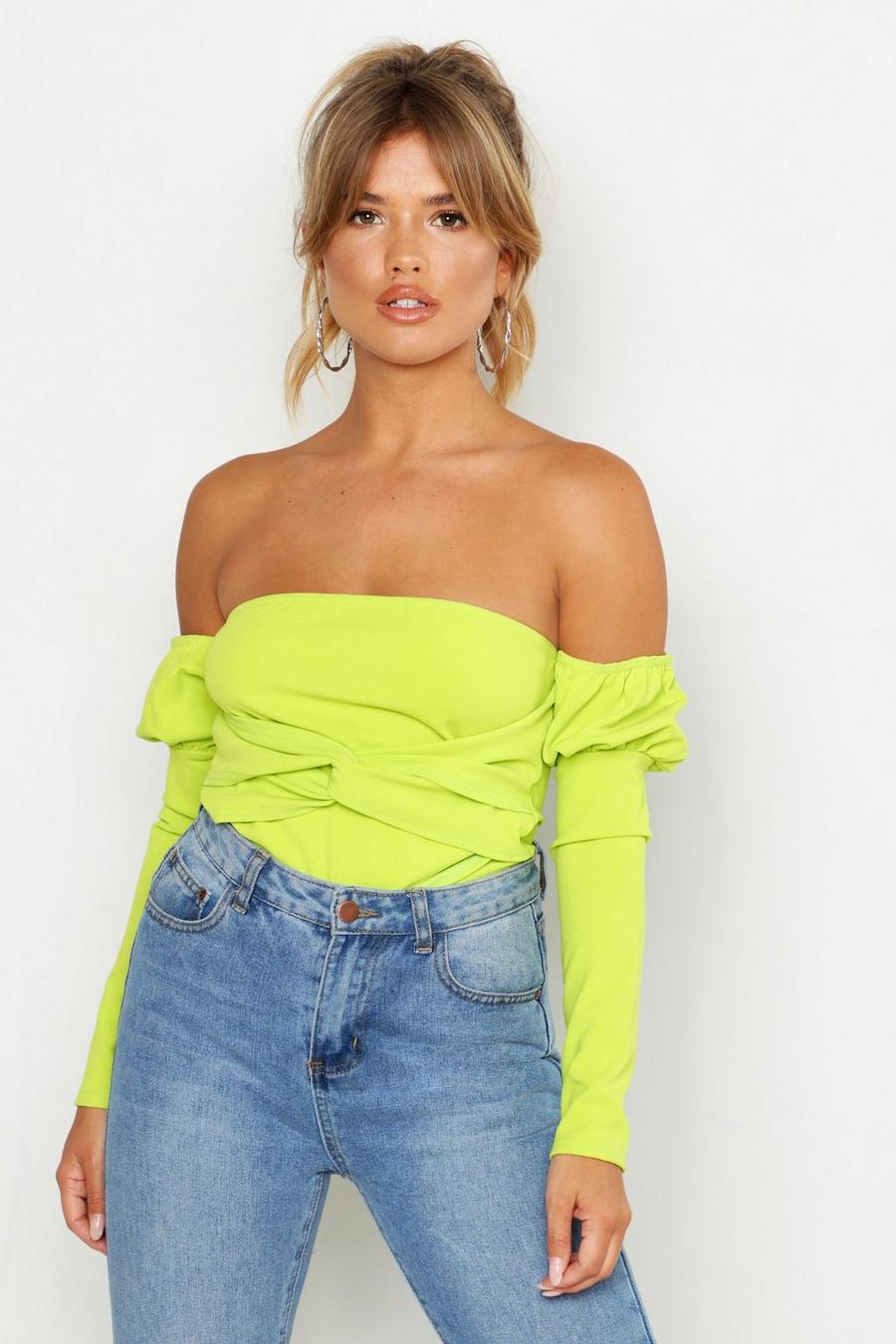 Lime Off The Shoulder Puff Sleeve Top image number 1