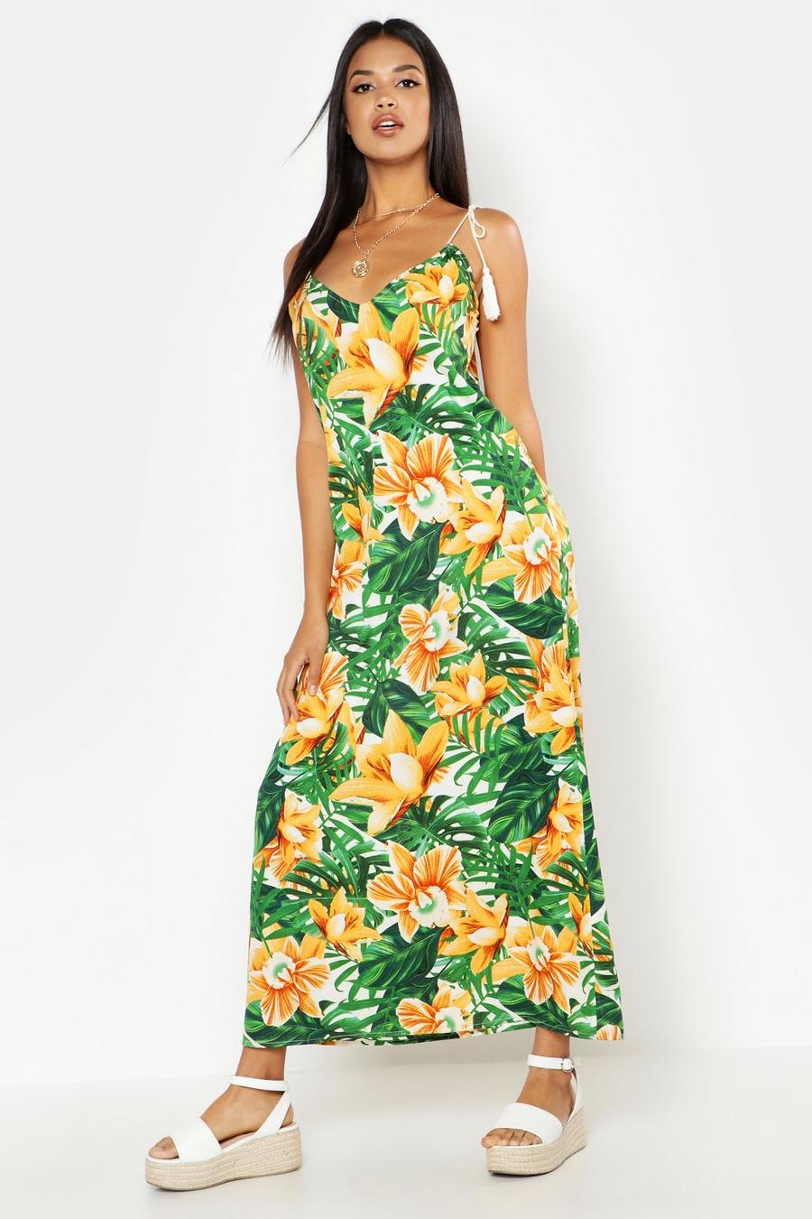 Green Woven Tassel Floral Palm Maxi Dress image number 1