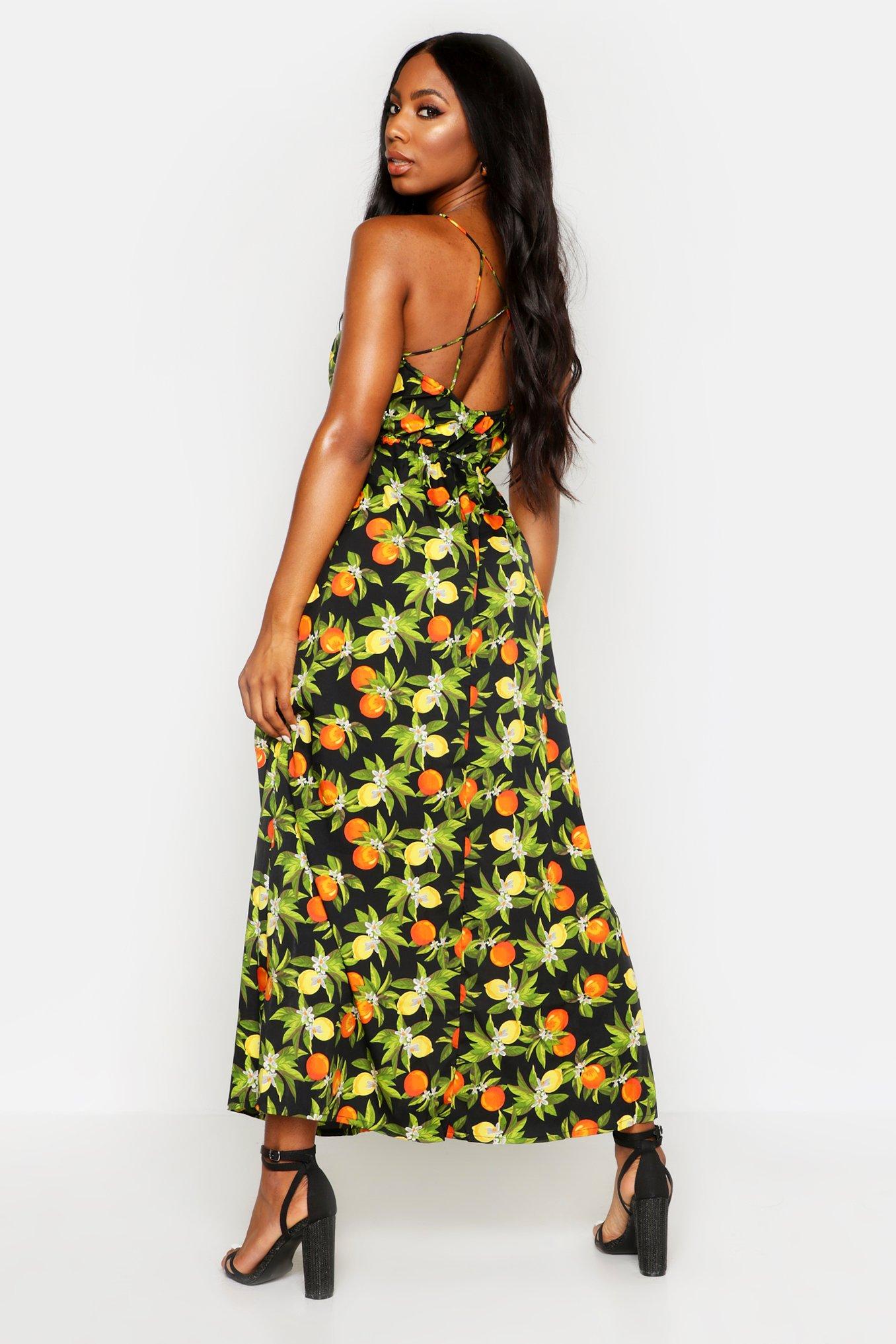 Woven Fruit Print Cross Back Maxi Dress