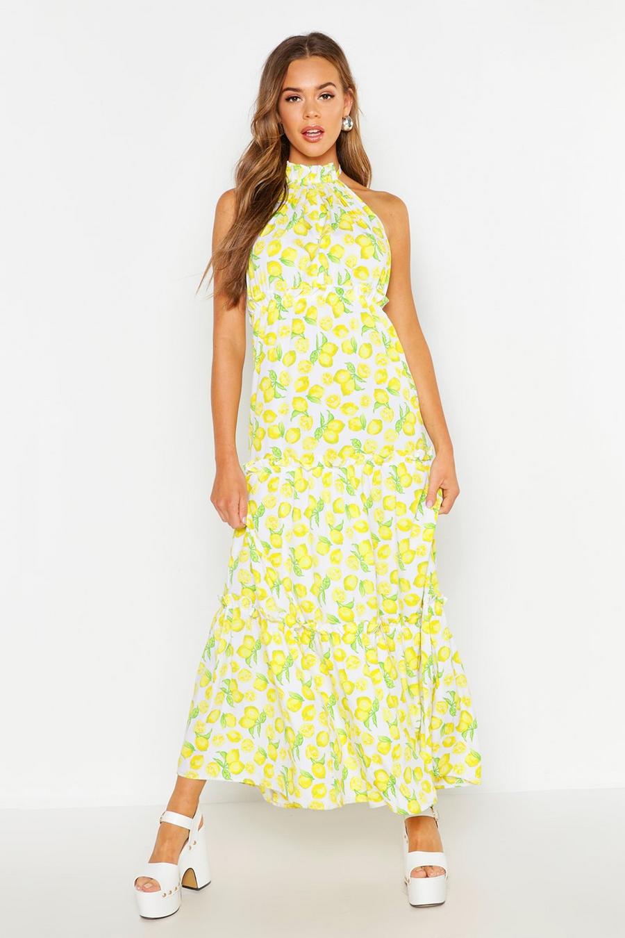 Woven Lemon Ruffle Halter Neck Maxi Dress, White image number 1
