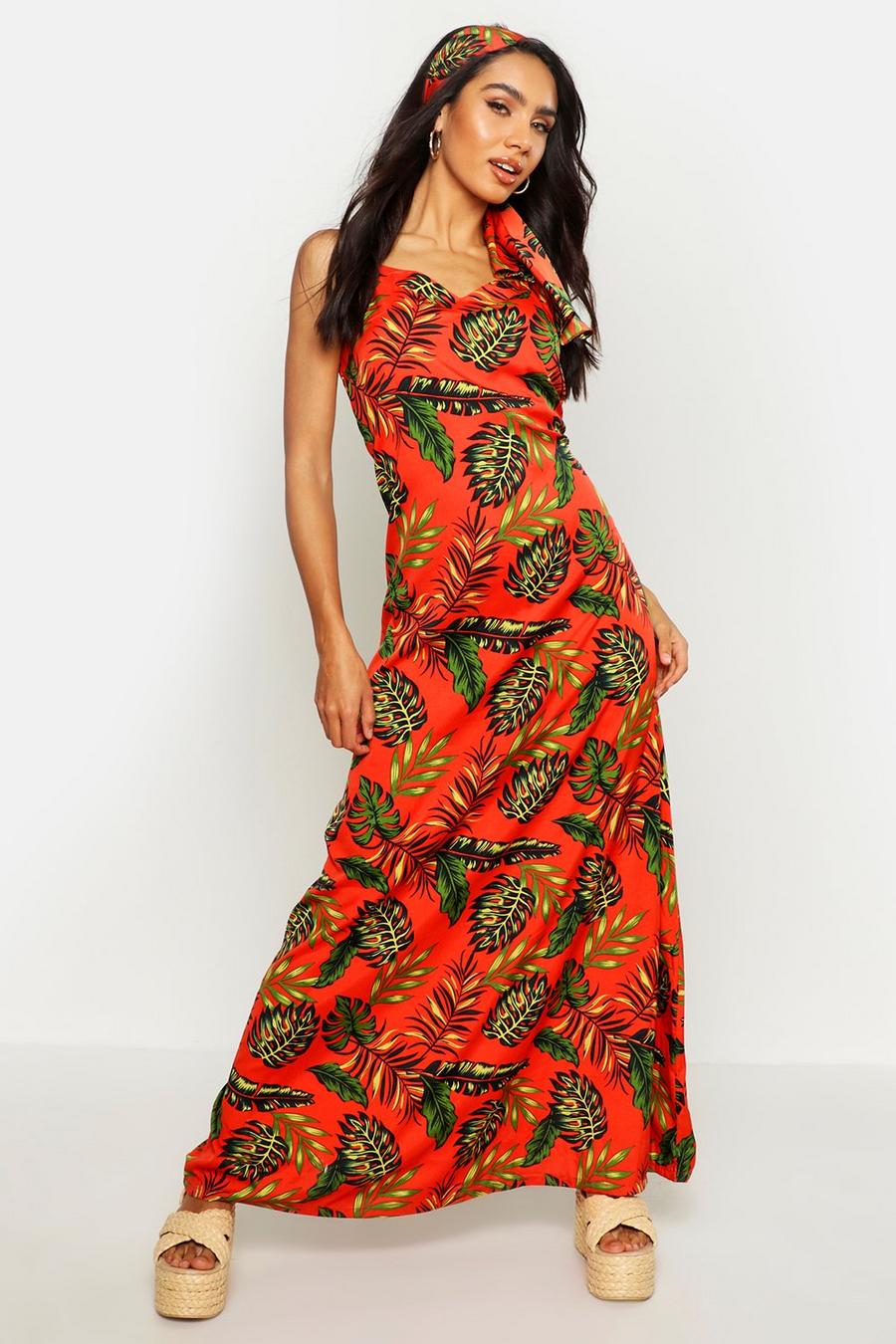 Woven Bright Palm Maxi Dress With Printed Head Scarf image number 1