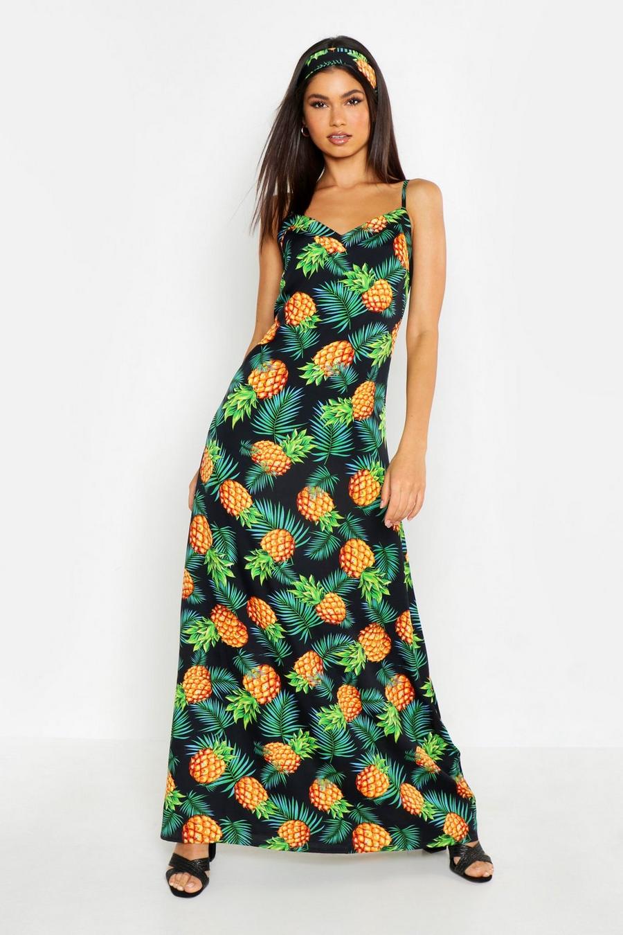 Black Woven Pineapple Maxi Dress & Matching Head Scarf image number 1