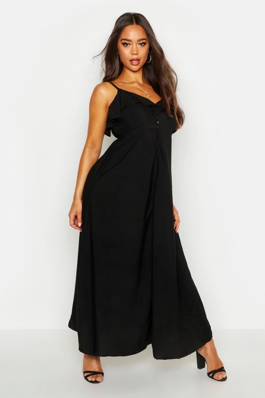 Black Woven Covered Button Ruffle Maxi Dress image number 1