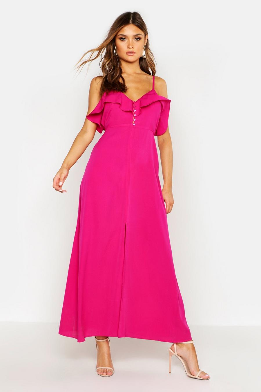 Hot pink Woven Covered Button Ruffle Maxi Dress image number 1