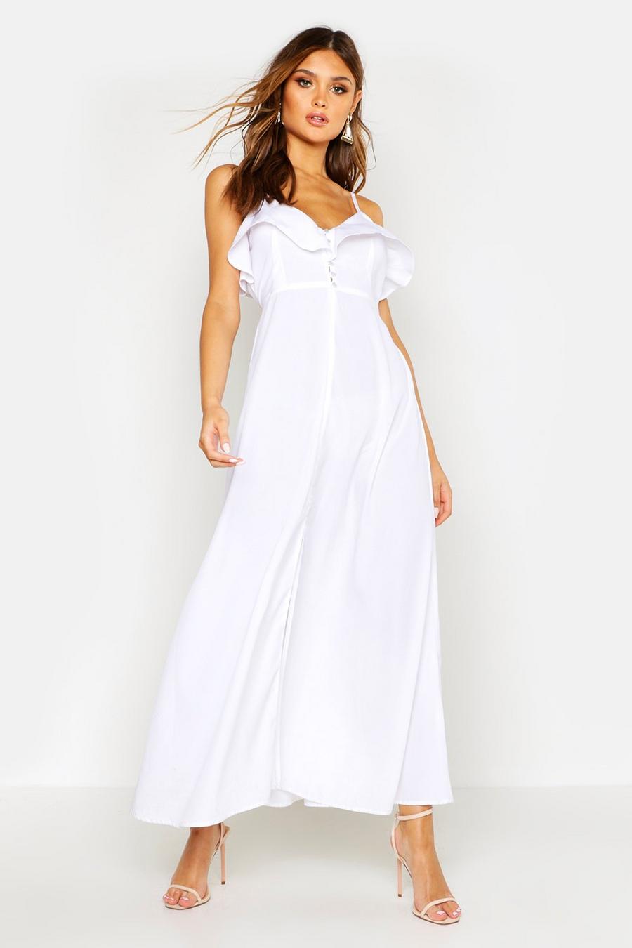 White Woven Covered Button Ruffle Maxi Dress image number 1