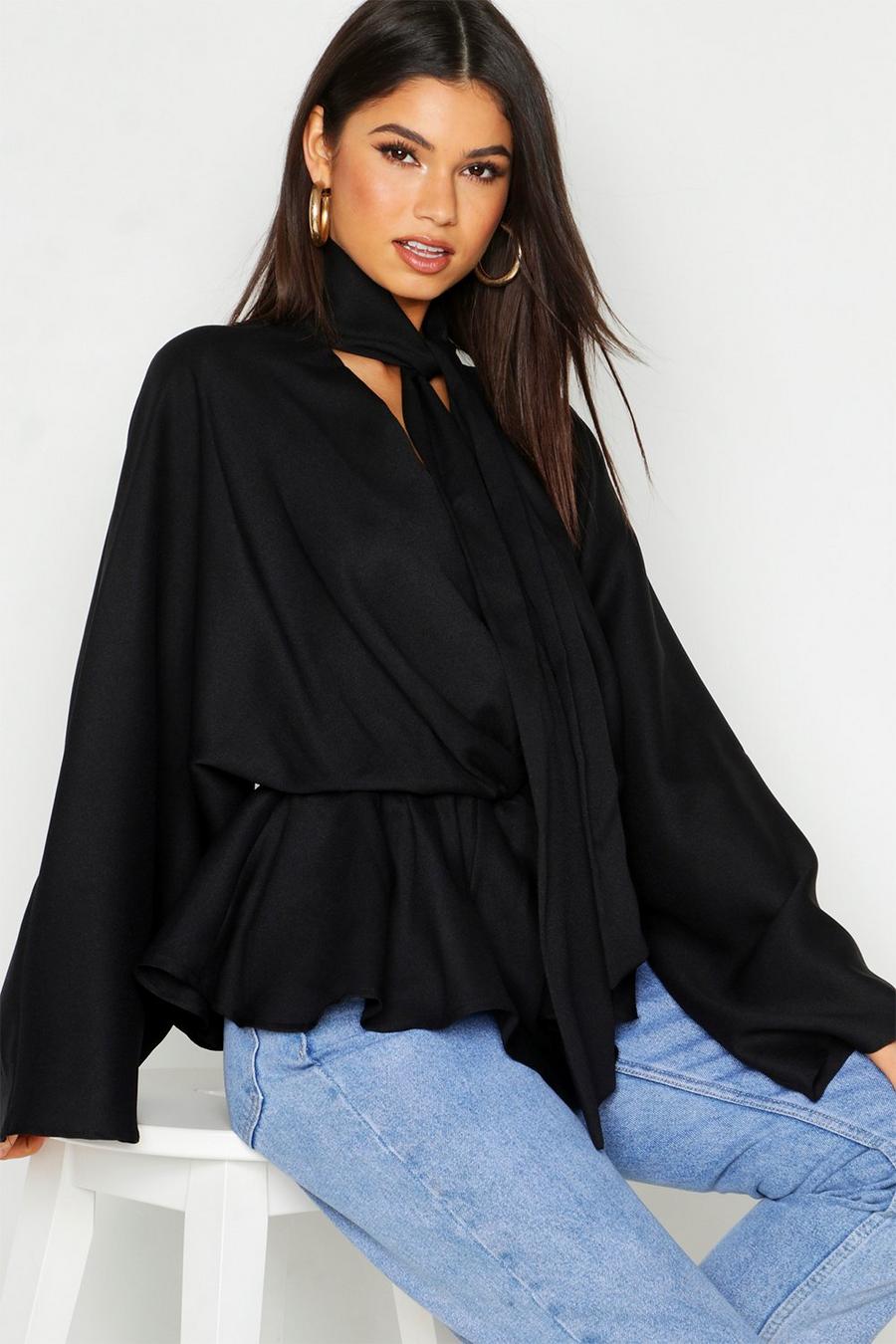 Woven Tie Neck Batwing Blouse image number 1