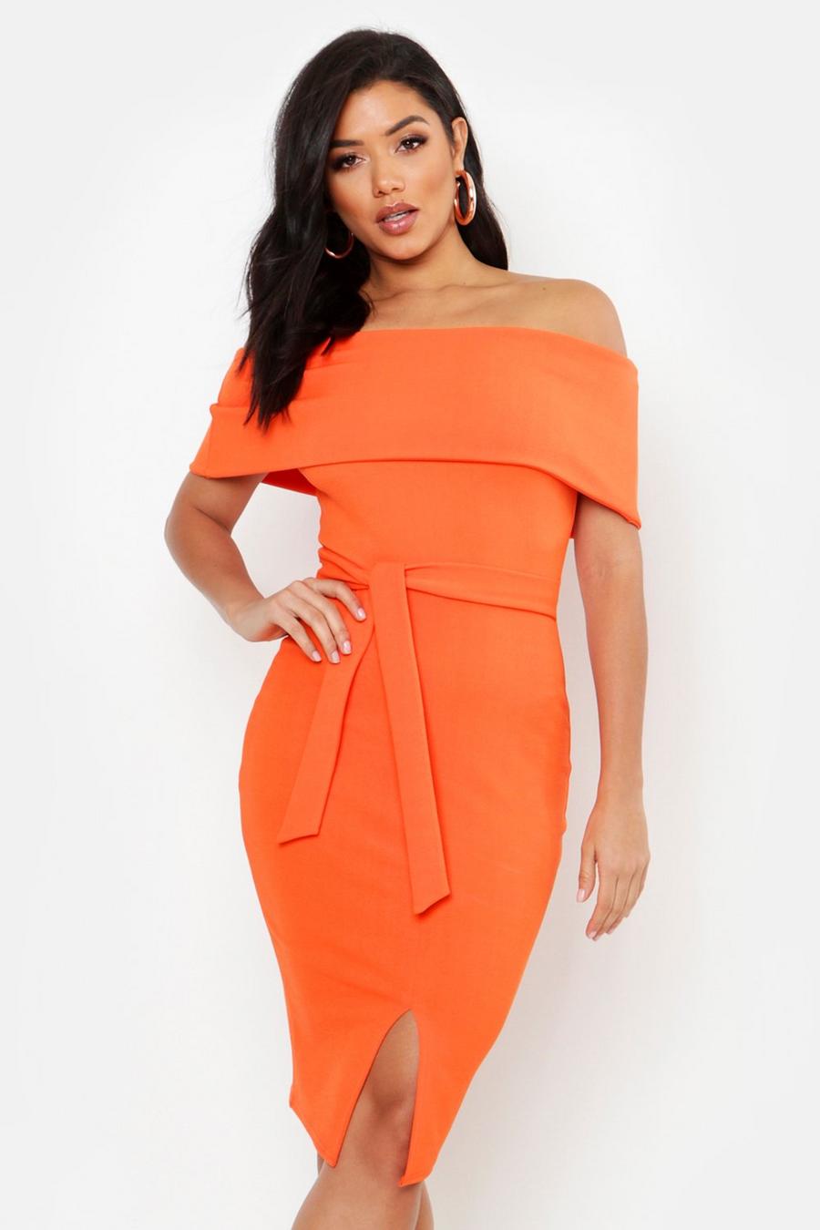Orange Off The Shoulder Fold Over Split Midi Bodycon Dress image number 1