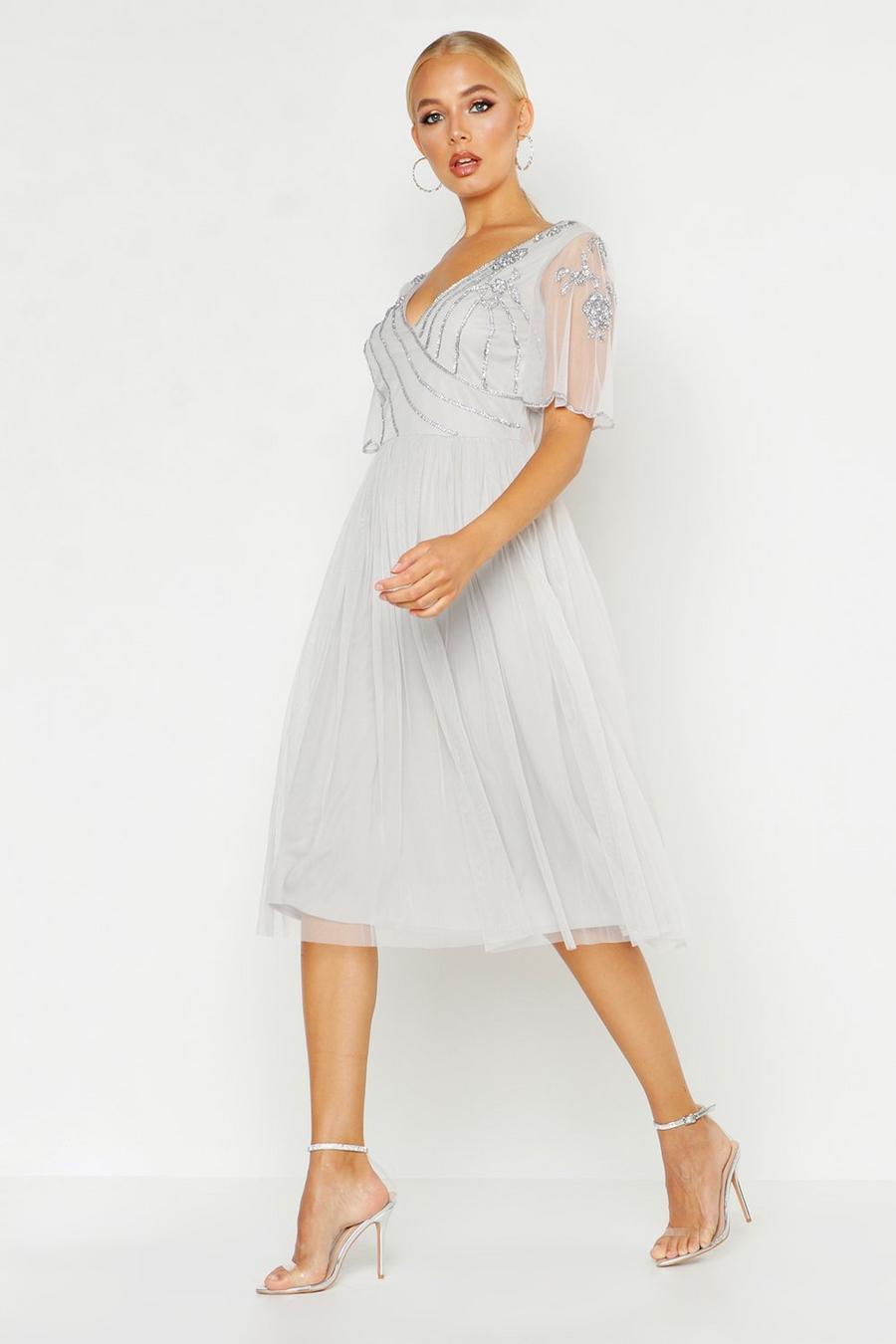 Embellished V Neck Midi Skater Bridesmaid Dress, Grey image number 1