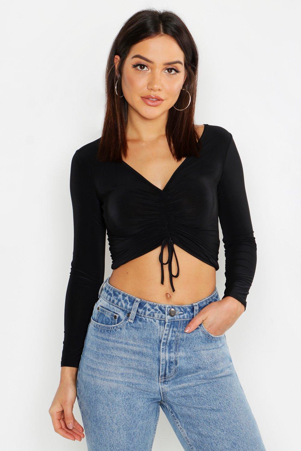 Women's Slinky Ruched V Neck Top | Boohoo UK