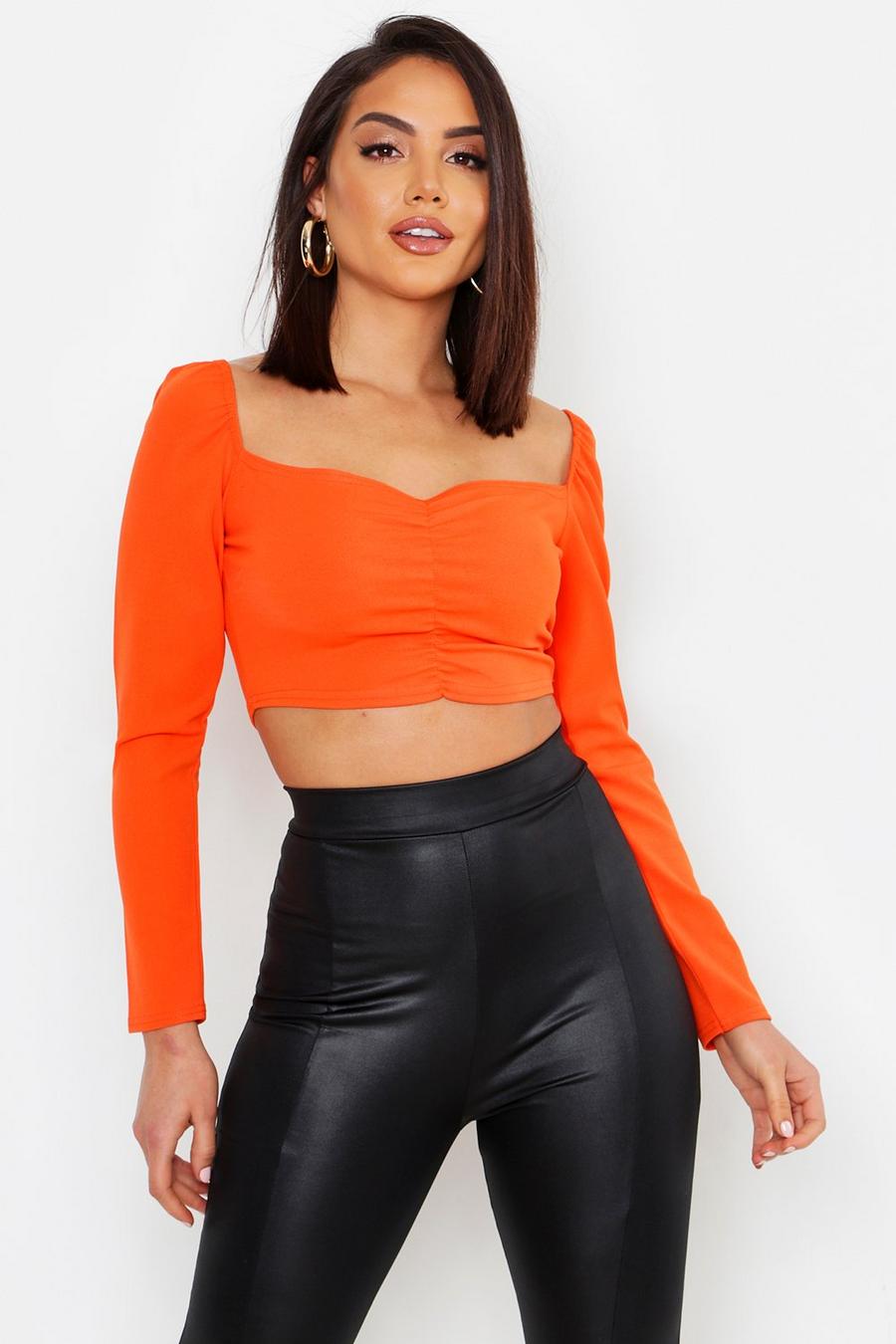 Ruched Front Puff Sleeve Peasant Crop Top image number 1