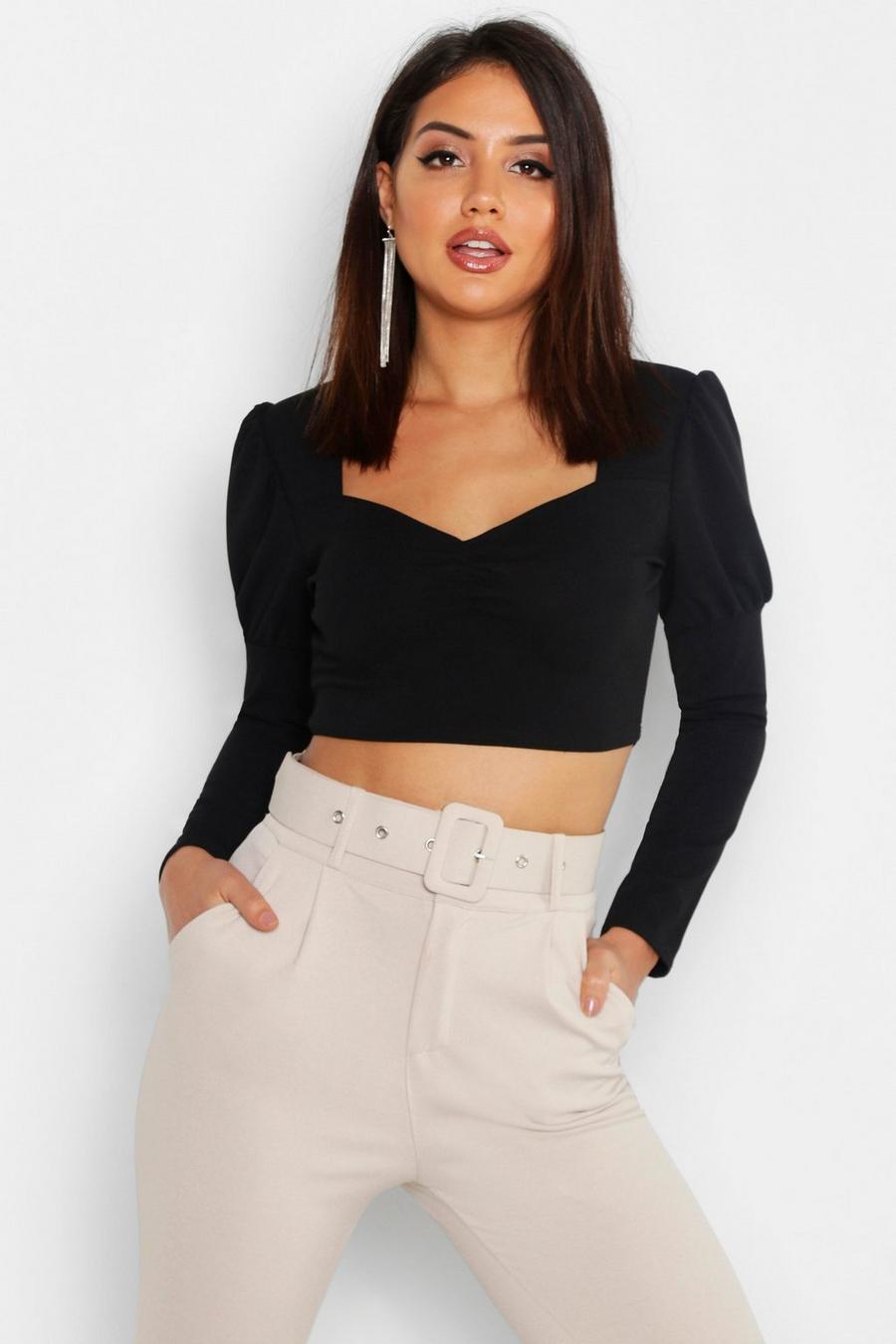 Ruched Front Puff Sleeve Peasant Crop Top image number 1