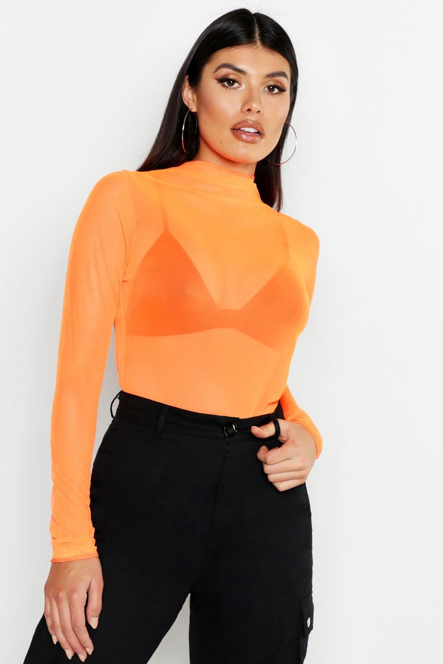 Neon-orange Mesh Long Sleeve Top image number 1