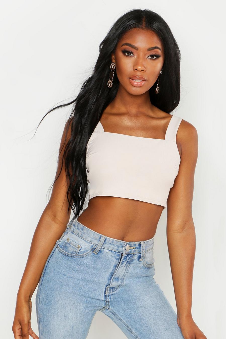 Woven Stretch Square Neck Crop Top image number 1