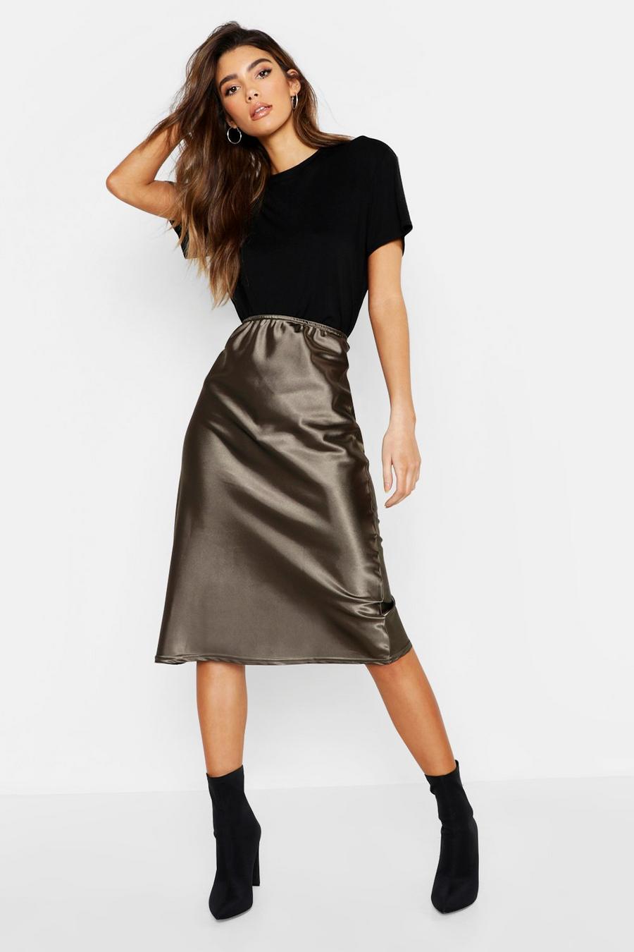 Khaki Satin Bias Cut Midi Skirt image number 1