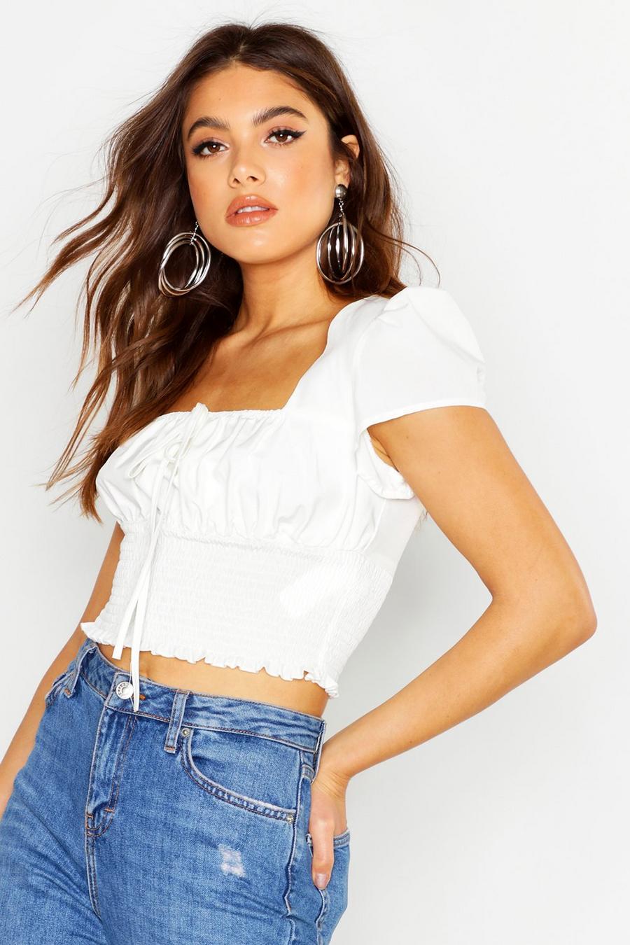 Woven Square Neck Shirred Crop Top image number 1