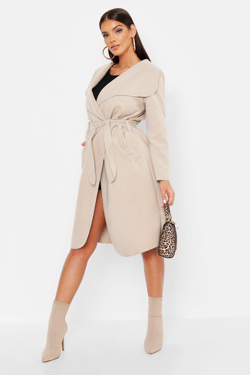 Boohoo belted shawl hot sale collar coat