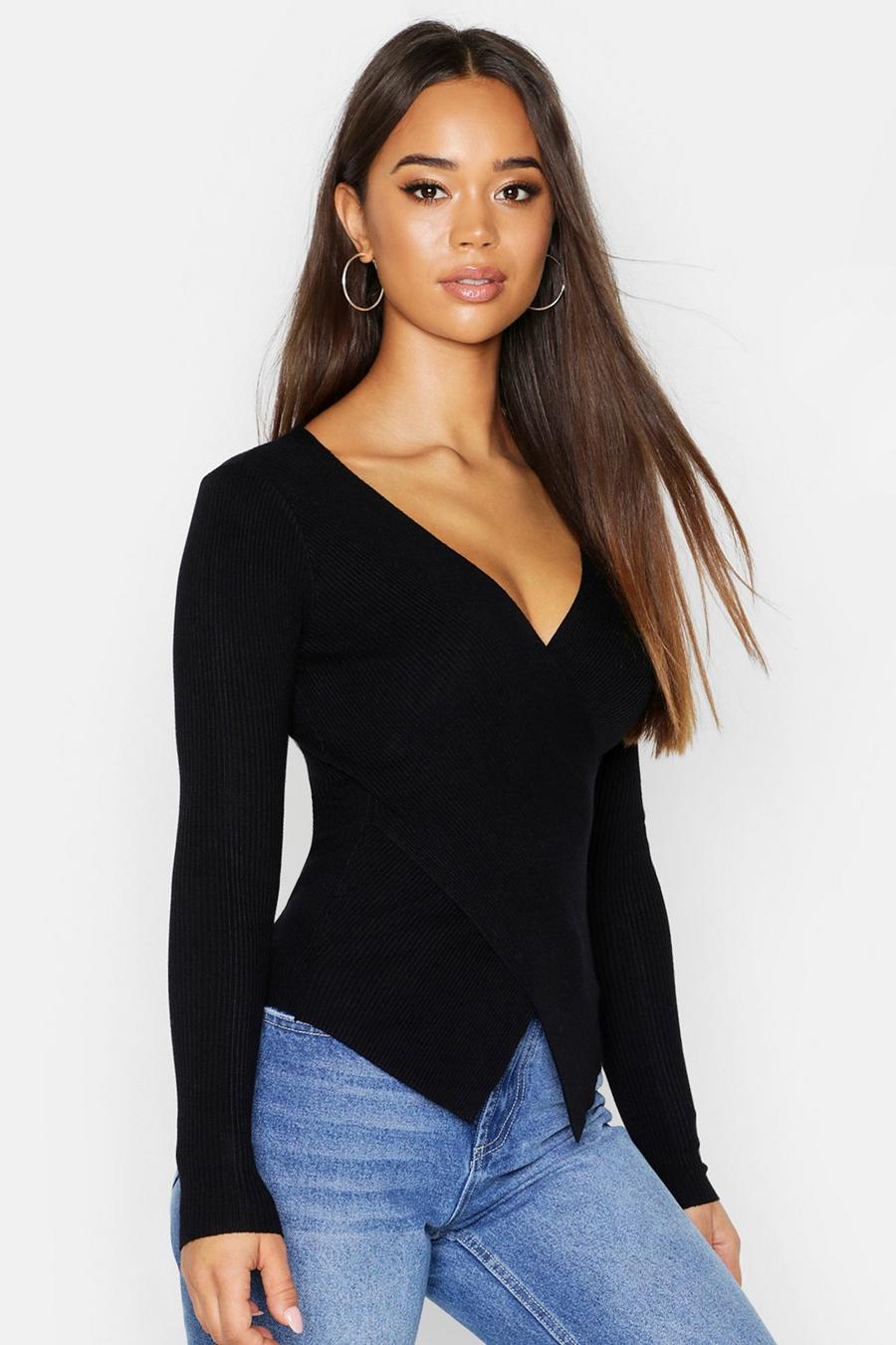 Black Rib Knit Wrap Over Sweater image number 1