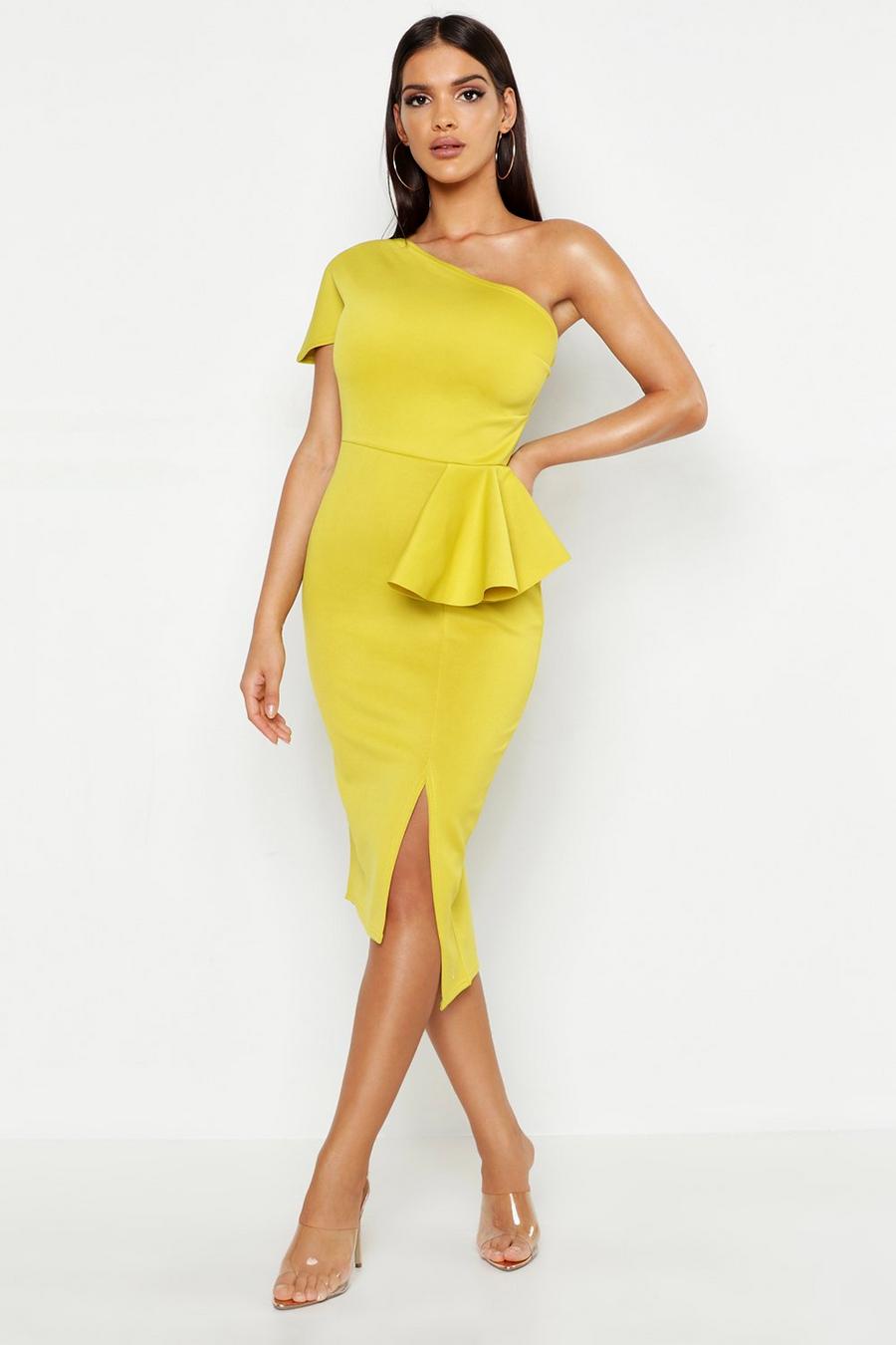 Chartreuse yellow One Shoulder Split Midi Dress image number 1