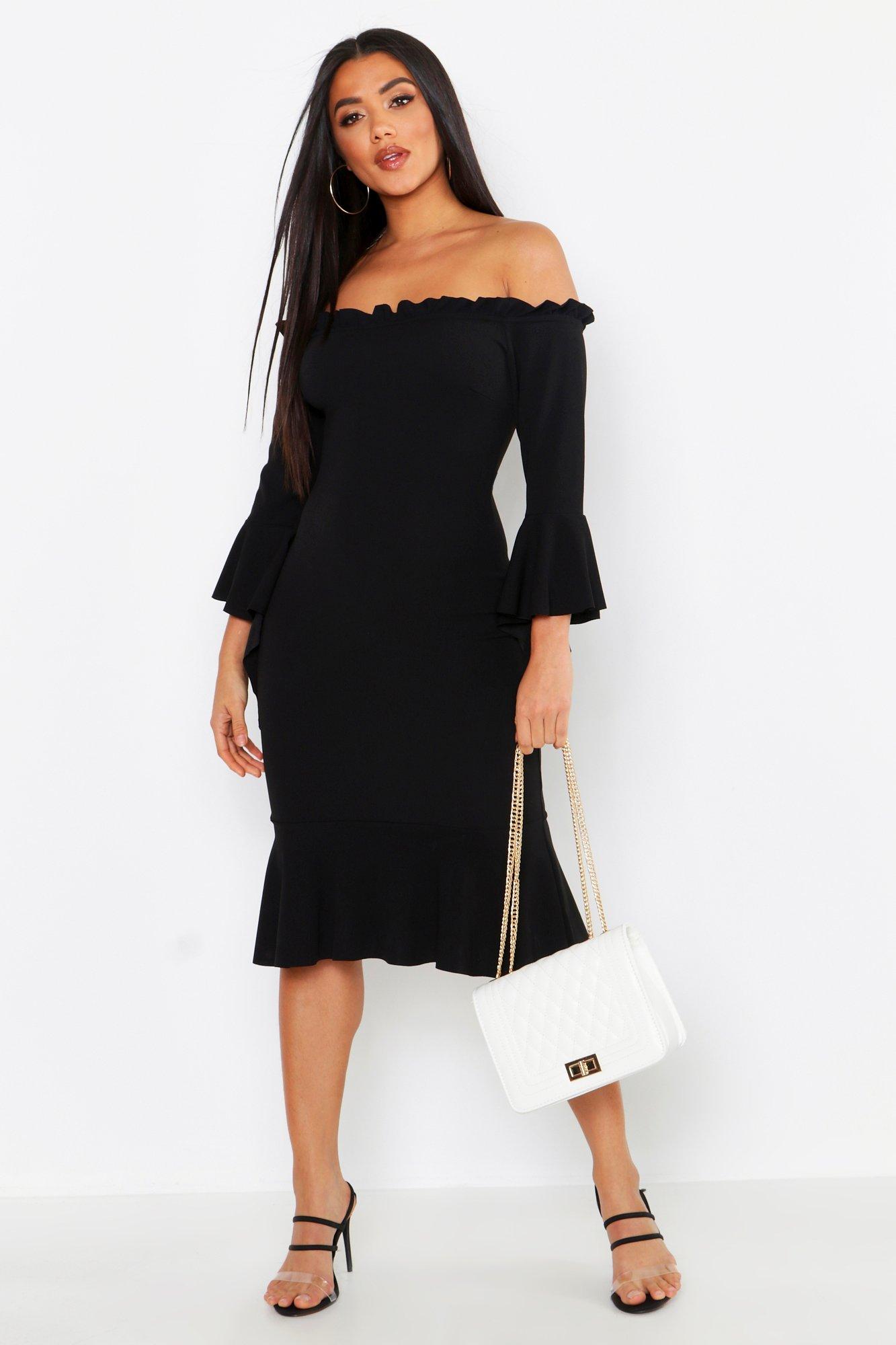 kara ruffle bardot dress