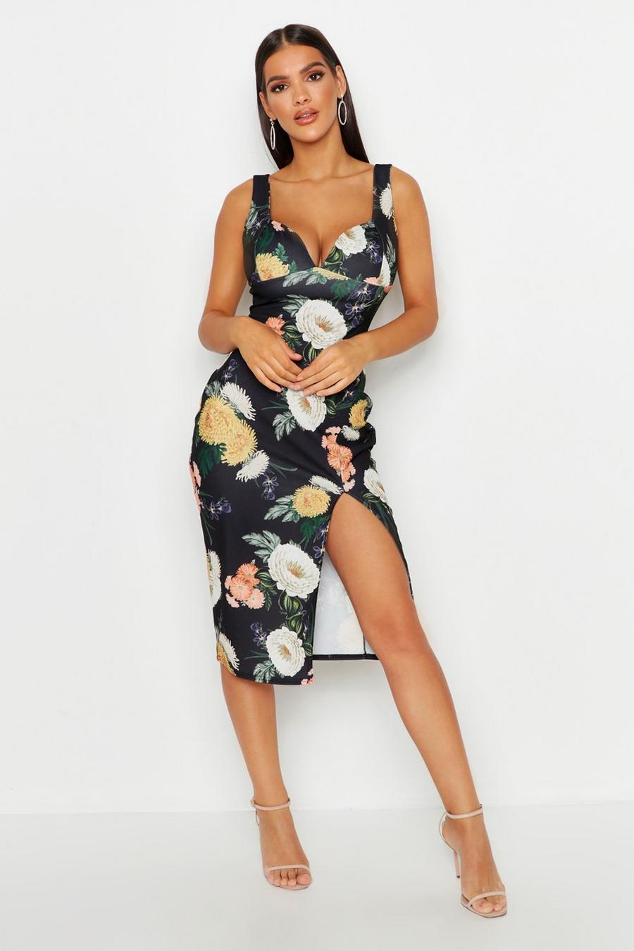 Cupped Strappy Floral Split Midi Dress image number 1