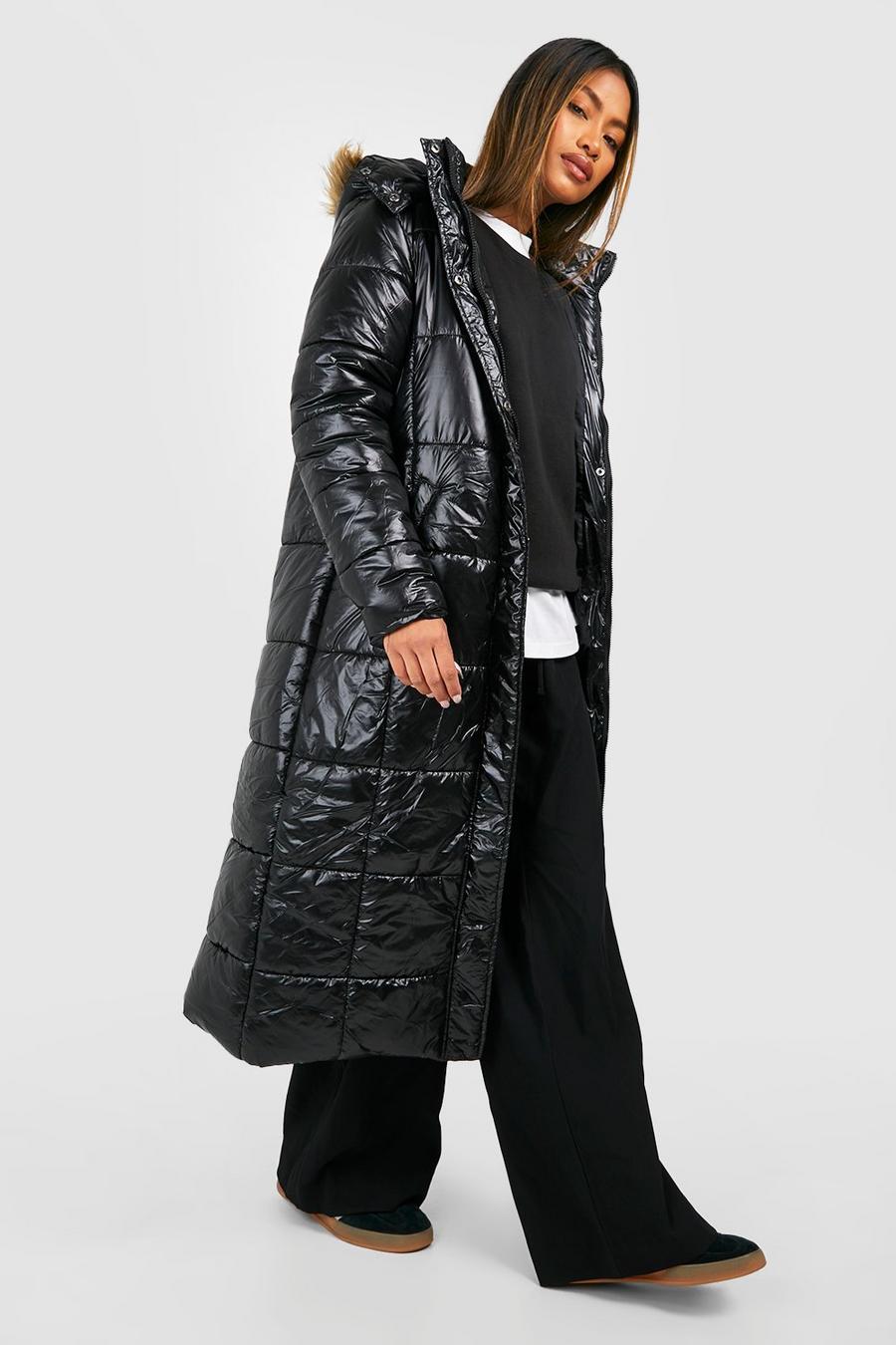 Black Maxi Cire Panelled Padded Jacket With Faux Fur Trim image number 1
