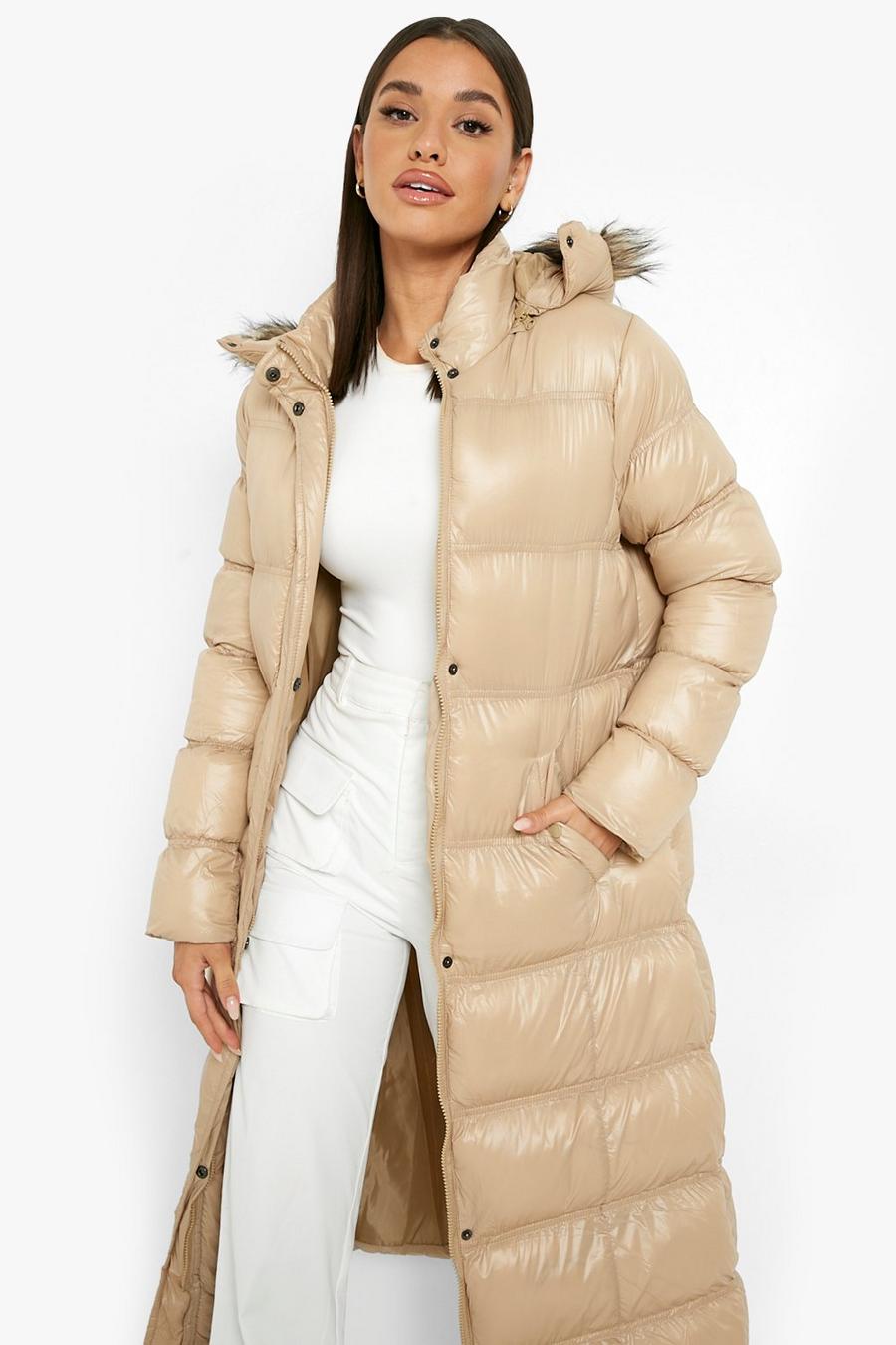 Camel Maxi Cire Panelled Padded Jacket With Faux Fur Trim image number 1