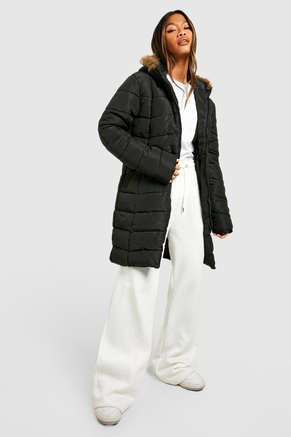 Boohoo padded coat store with faux fur hood