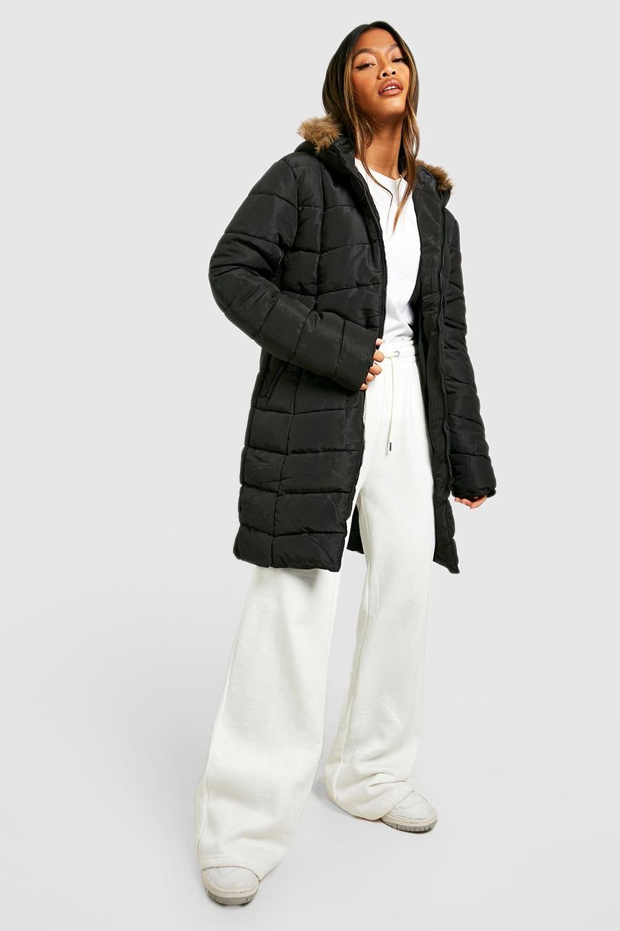 Black Faux Fur Hooded Panelled Parka Coat image number 1