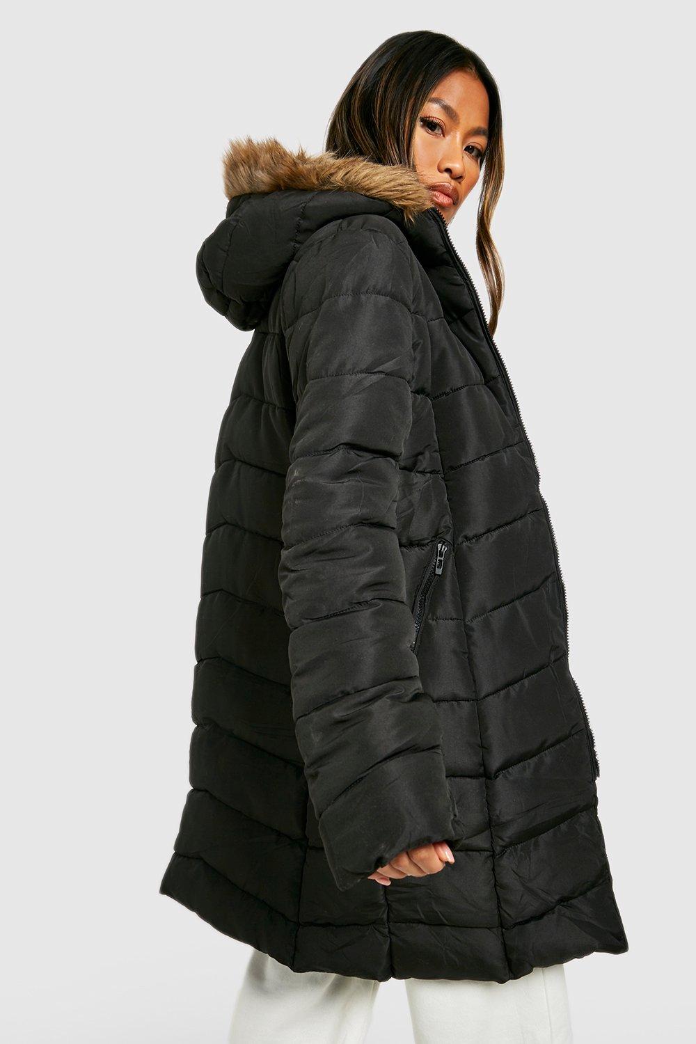 Black panelled hooded faux best sale fur coat