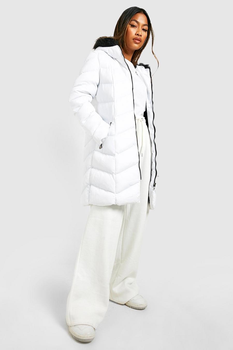 White Faux Fur Hooded Panelled Parka Coat