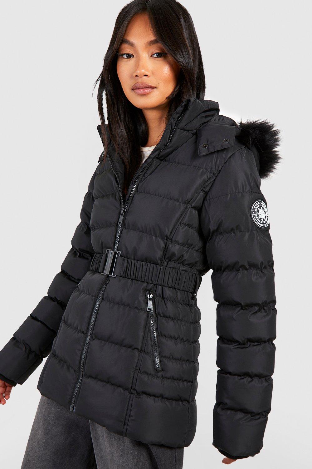 Black Faux Fur Hood Belted Puffer Coat