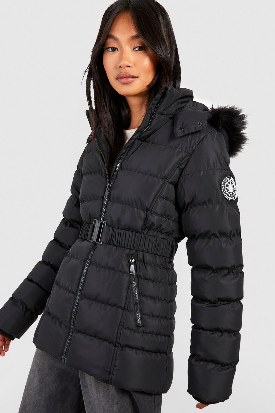 Black Faux Fur Hooded Belted Parka Coat
