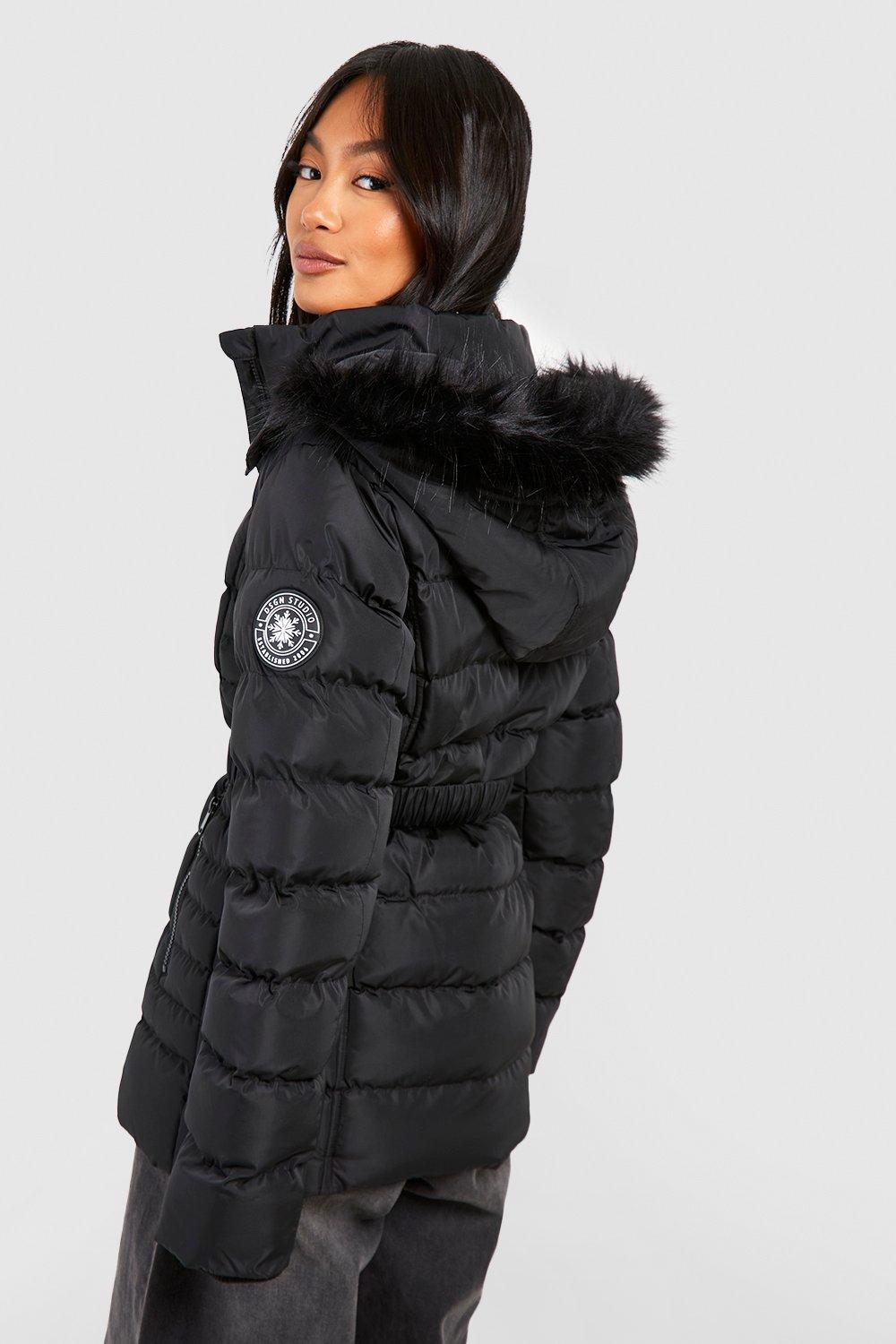 Black faux fur discount hood belted puffer coat