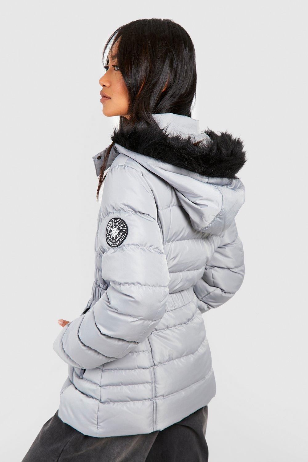 Padded Faux Fur Hooded Coat Grey, Women's Coats