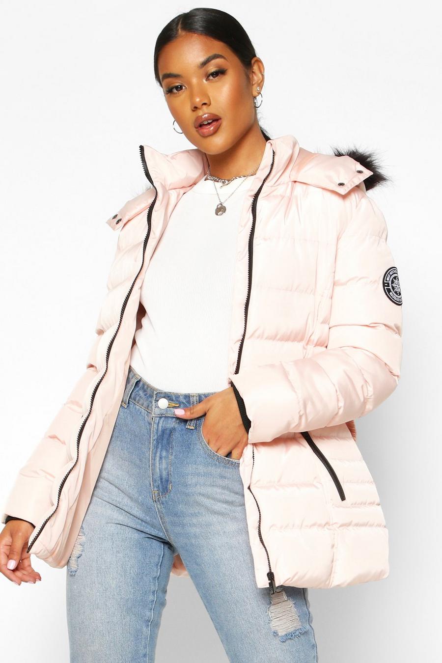Pink Faux Fur Hooded Belted Parka Coat image number 1