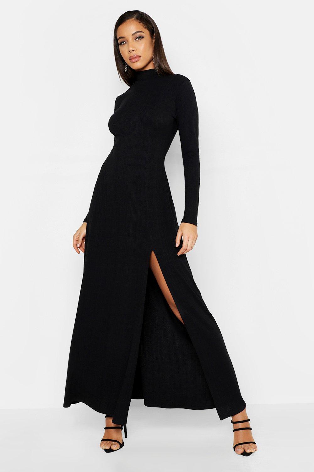 high neck rib maxi dress with long sleeves