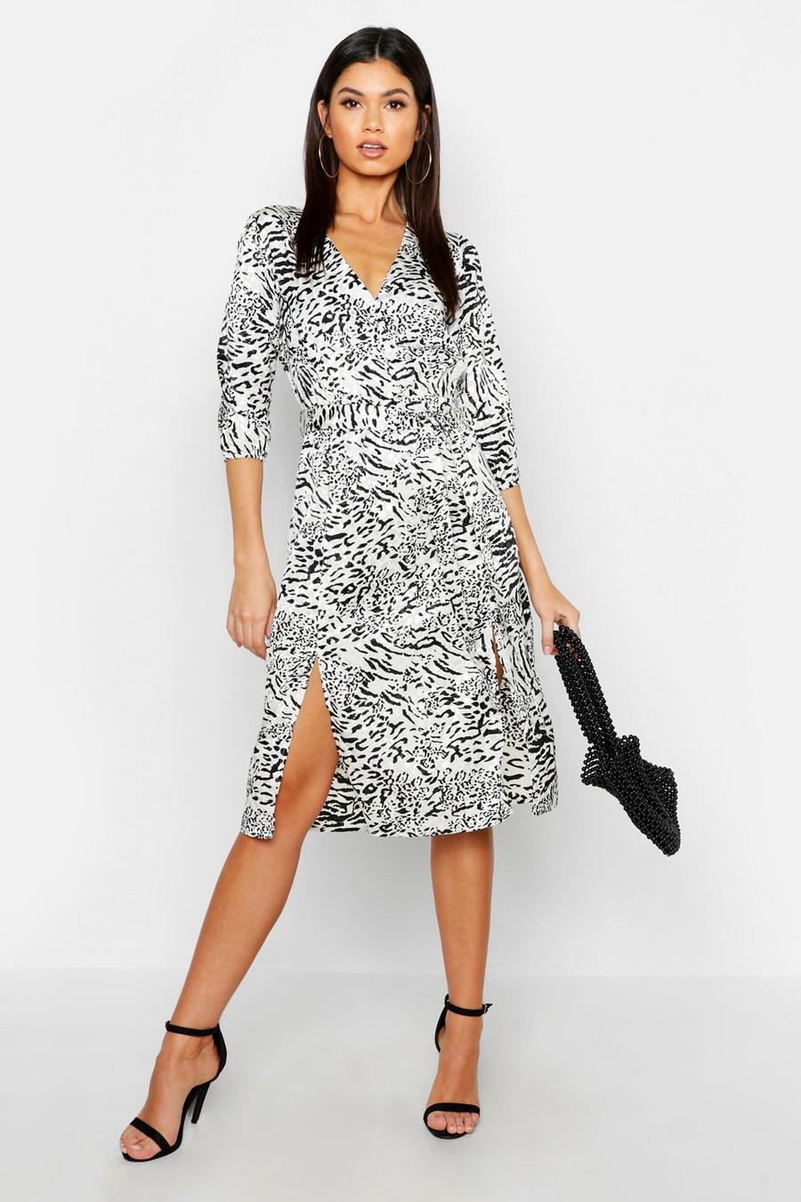 White Leopard Plunge Midi Skater Dress image number 1