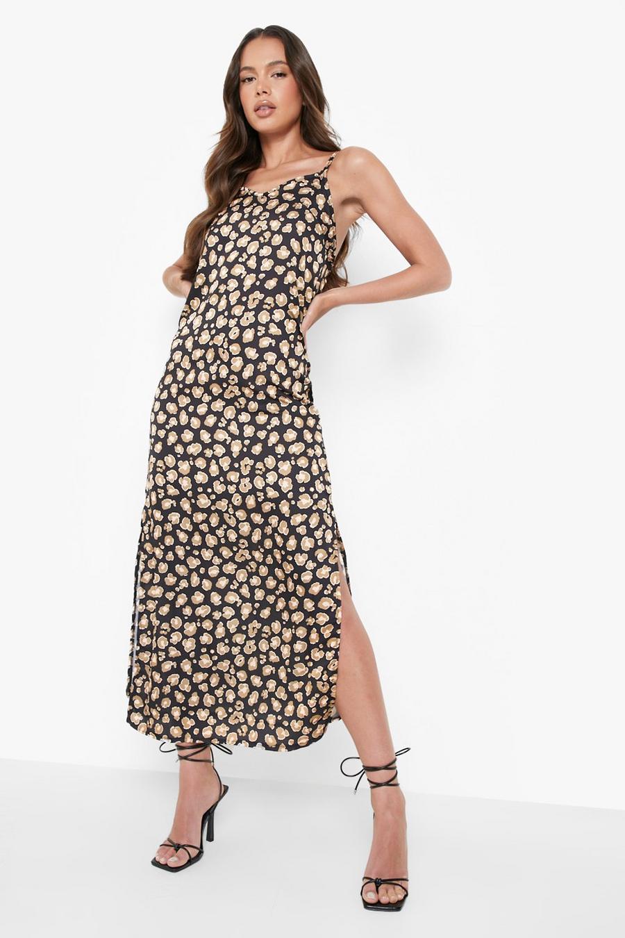 Black Woven Leopard Maxi Slip Dress image number 1