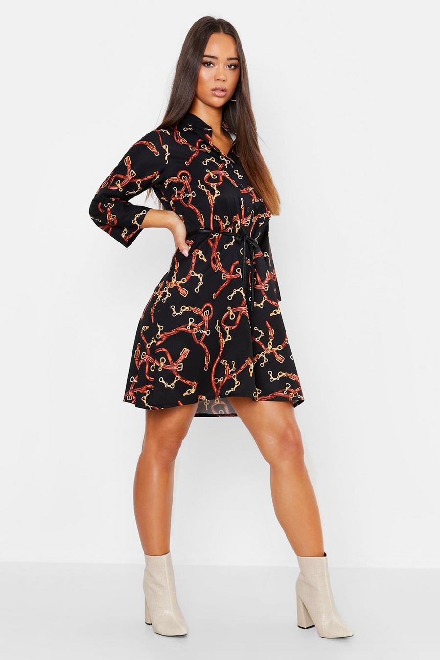 Woven Chain Print Belted Shirt Dress image number 1