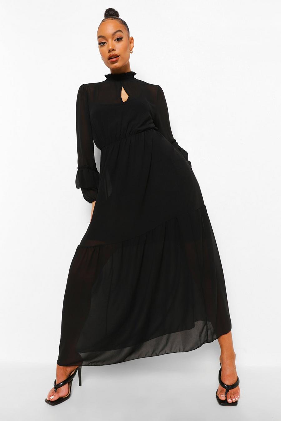 Zwart Maxi-jurk met hoge hals en mouwen met stroken image number 1
