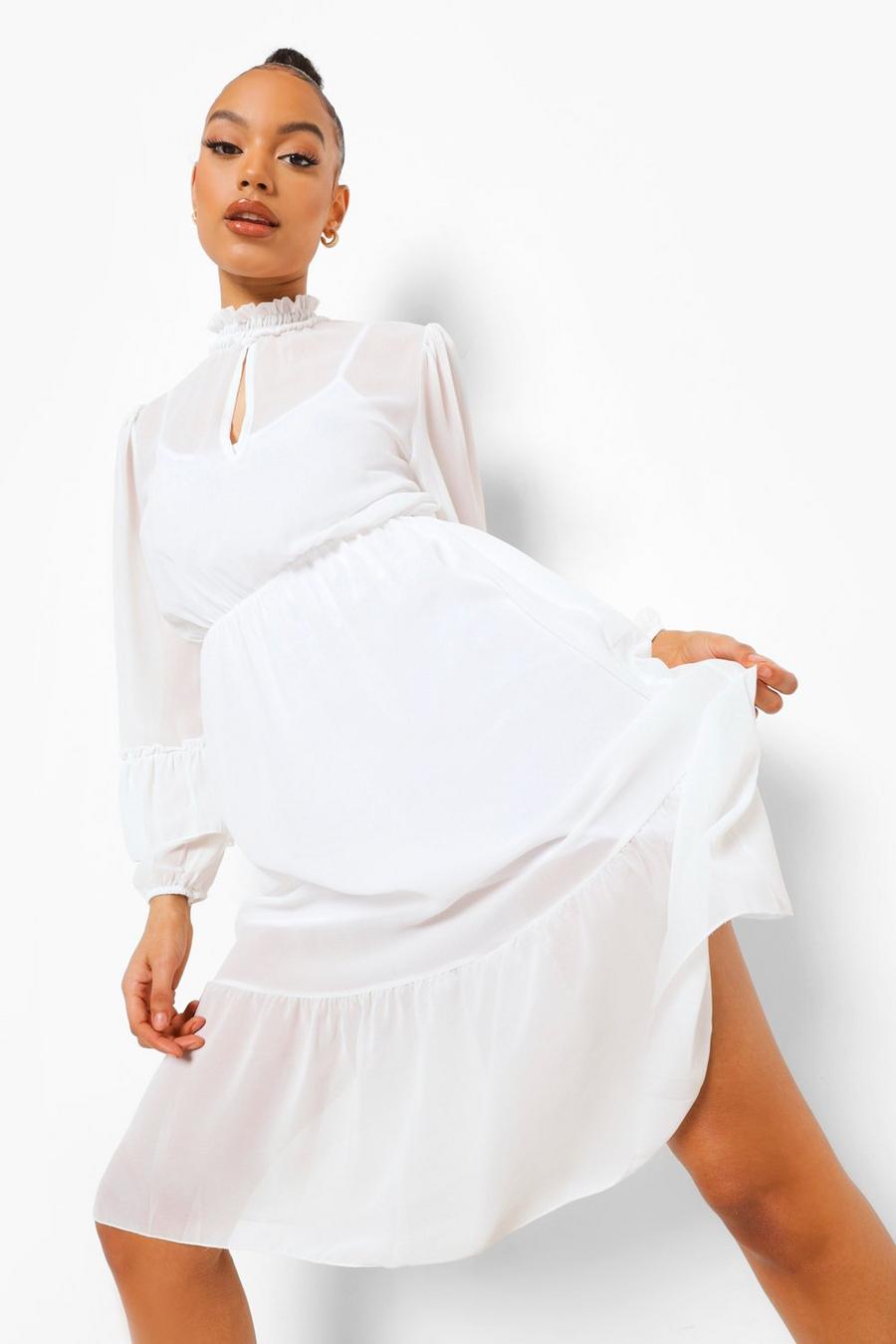 Wit Maxi-jurk met hoge hals en mouwen met stroken image number 1